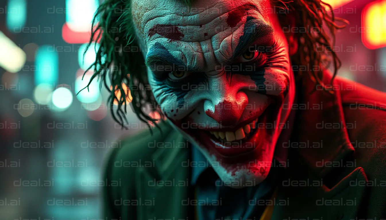 "Haunting Clown in Neon Lit Street"