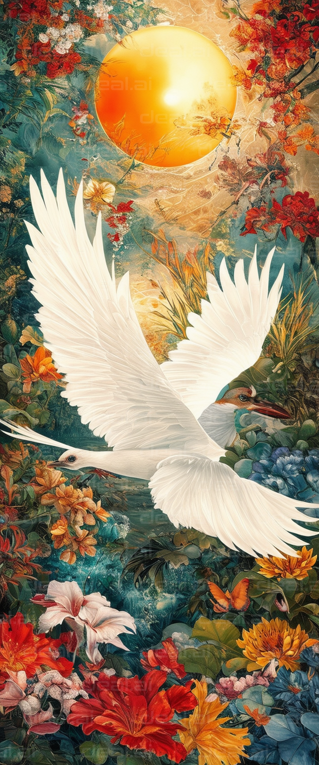 "Elegant White Heron in Floral Paradise"