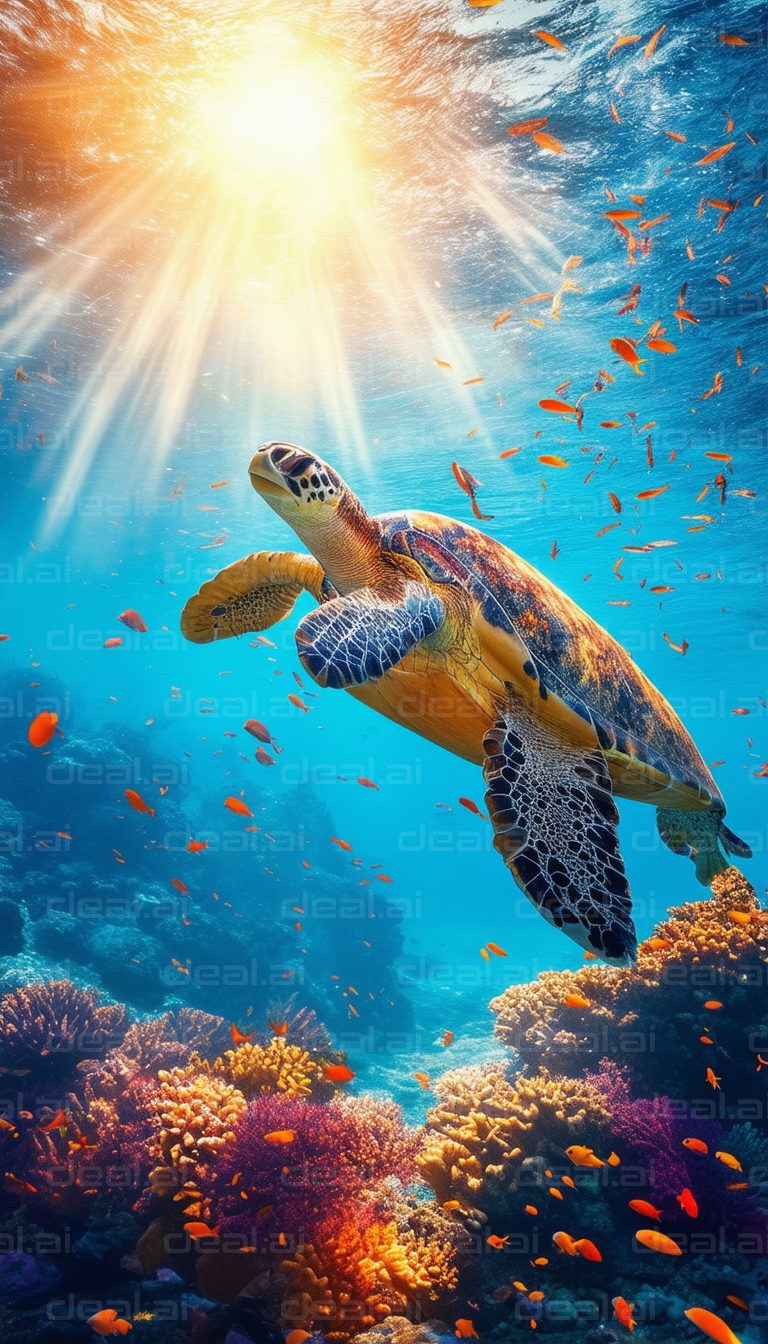 Sunlit Sea Turtle in Vibrant Coral Reef