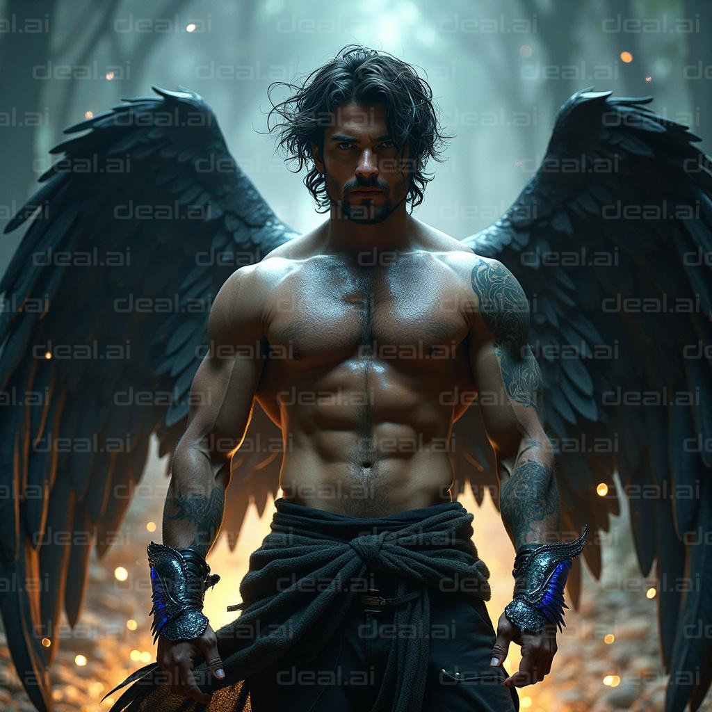 "Dark-Winged Warrior in Forest Glow"