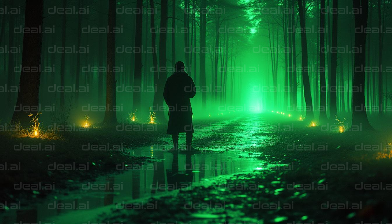 "Mysterious Forest: Man in Green Mist"