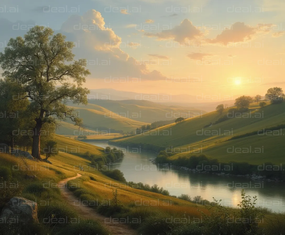 "Golden Sunset Over Serene River Valley"