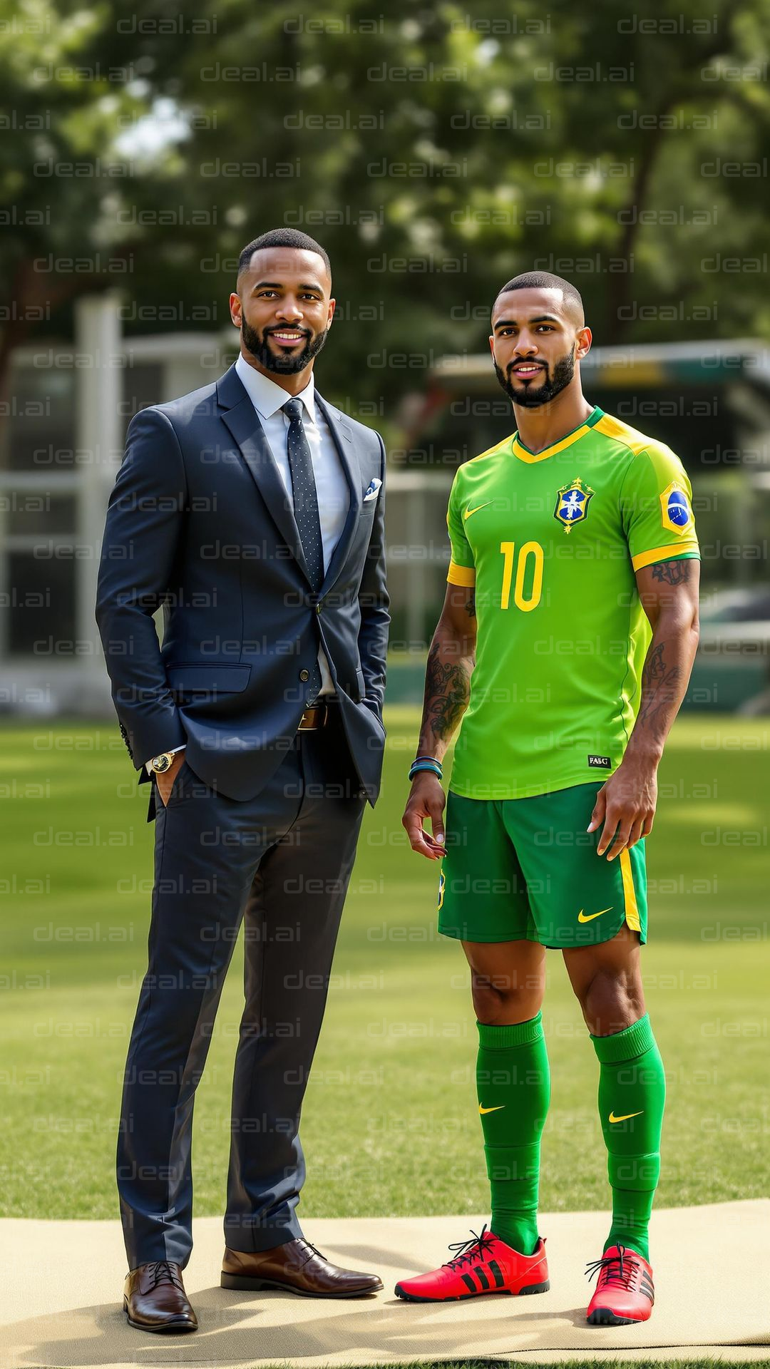 Elegant Duo: Suit and Soccer Style