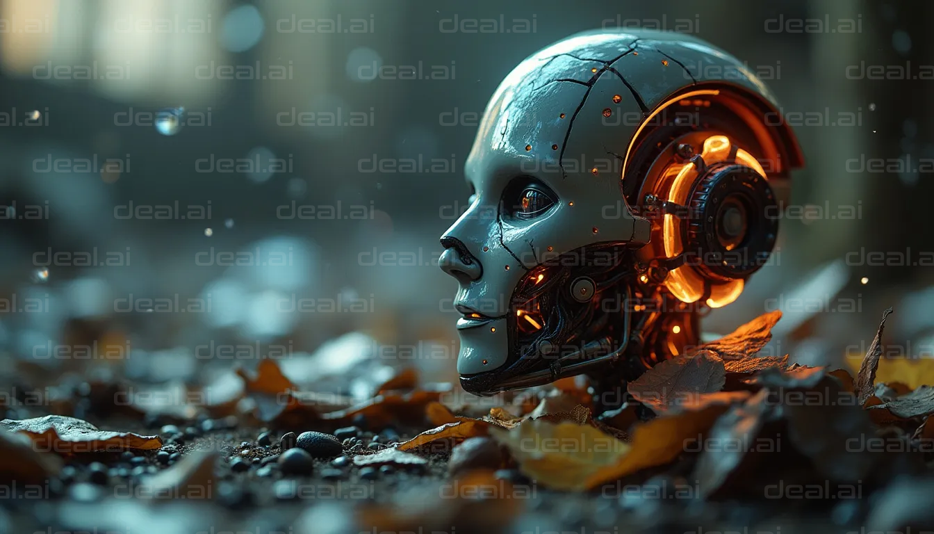 "Futuristic Robot Head on Autumn Leaves"