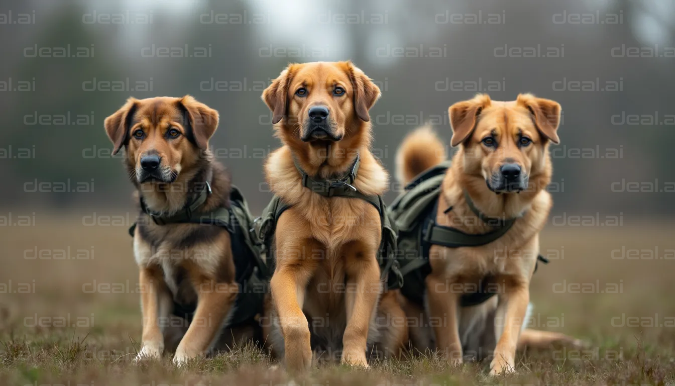 Trio of Dogs in Harnesses Outdoors