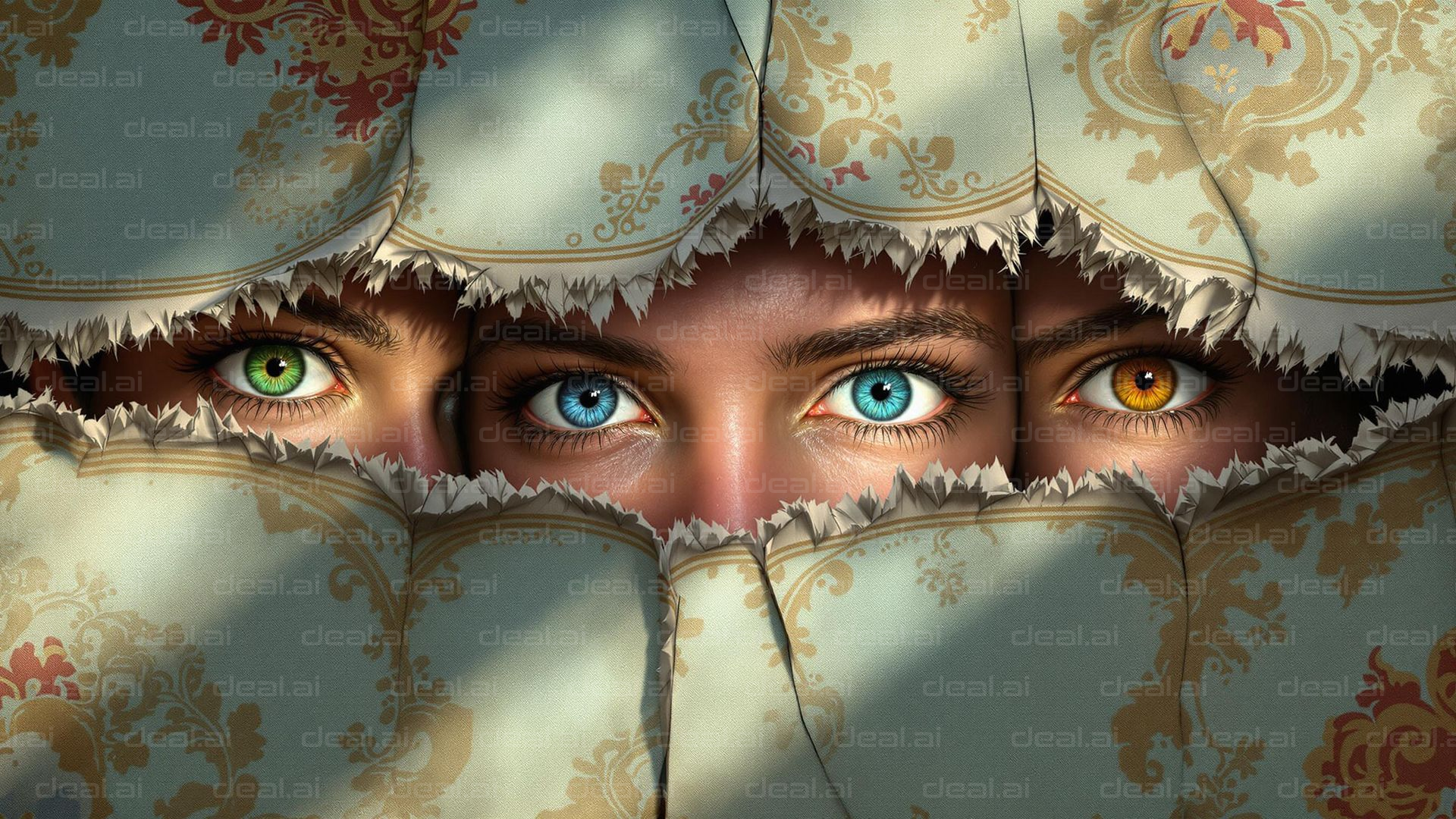 Trio of Eyes Peeking Through Curtains