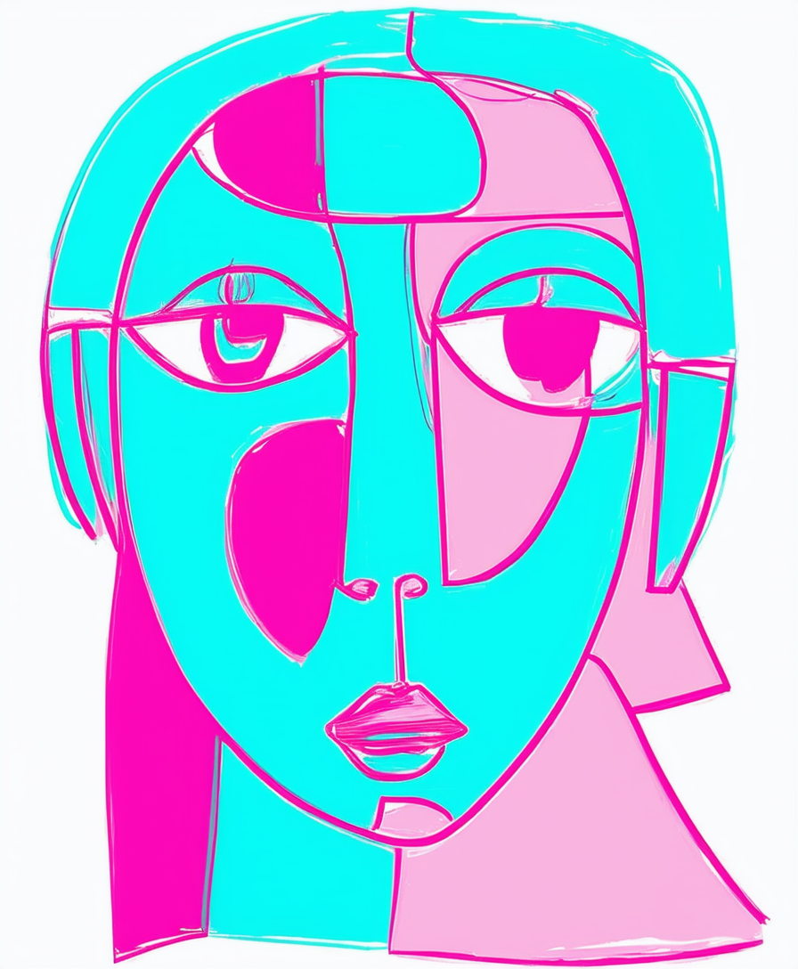 Abstract Cubist Portrait in Pink and Blue