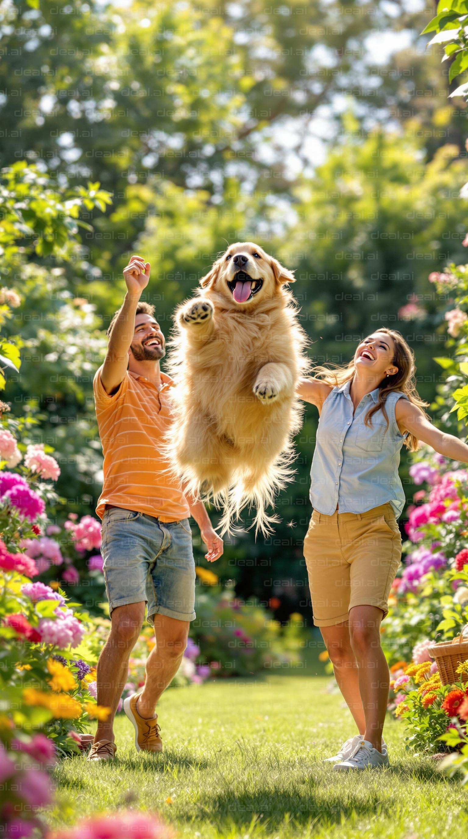 Joyful Dog Leap in the Garden