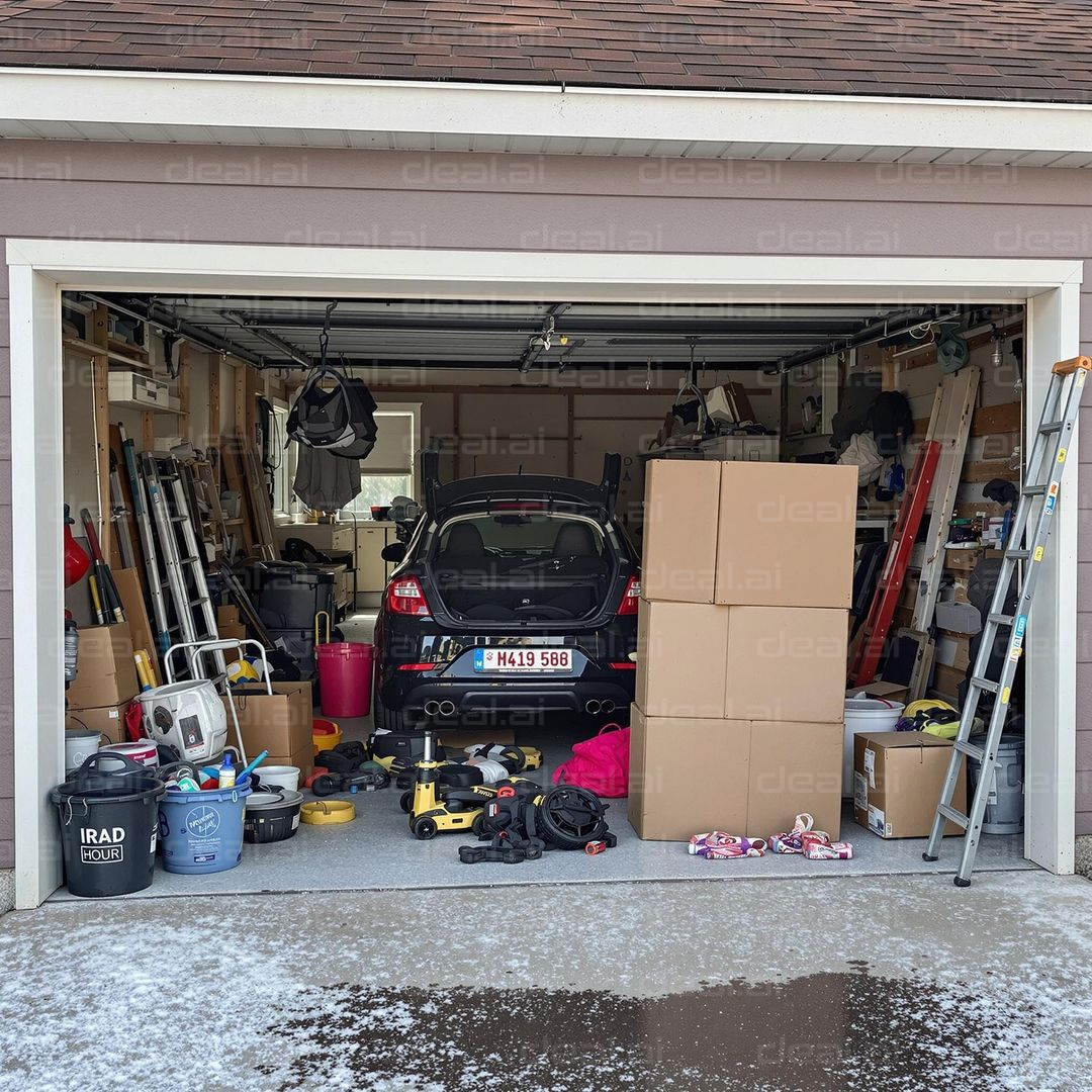 "Cluttered Garage with Car and Boxes"
