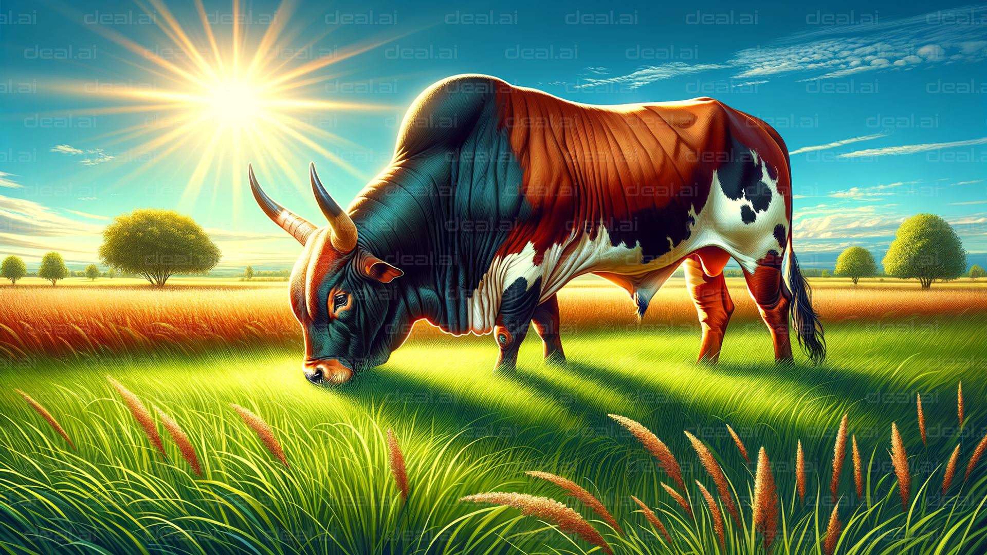 Sunlit Bull Grazing in Vibrant Field