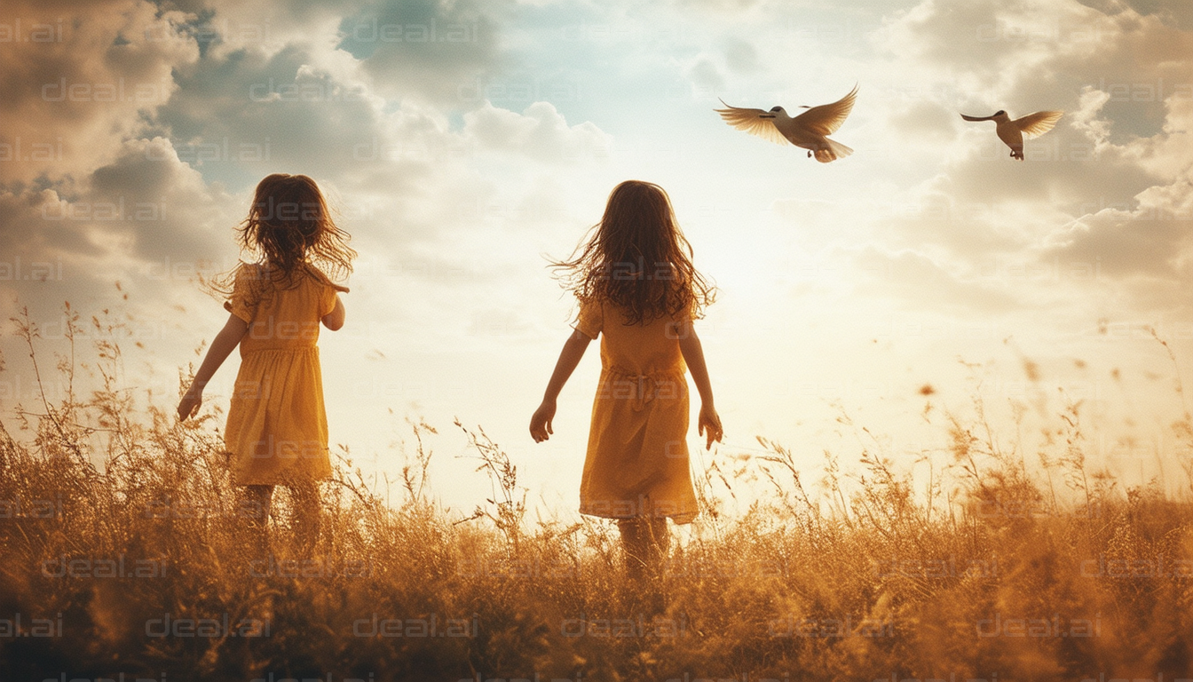 Children Marvel at Birds in Sunset Field