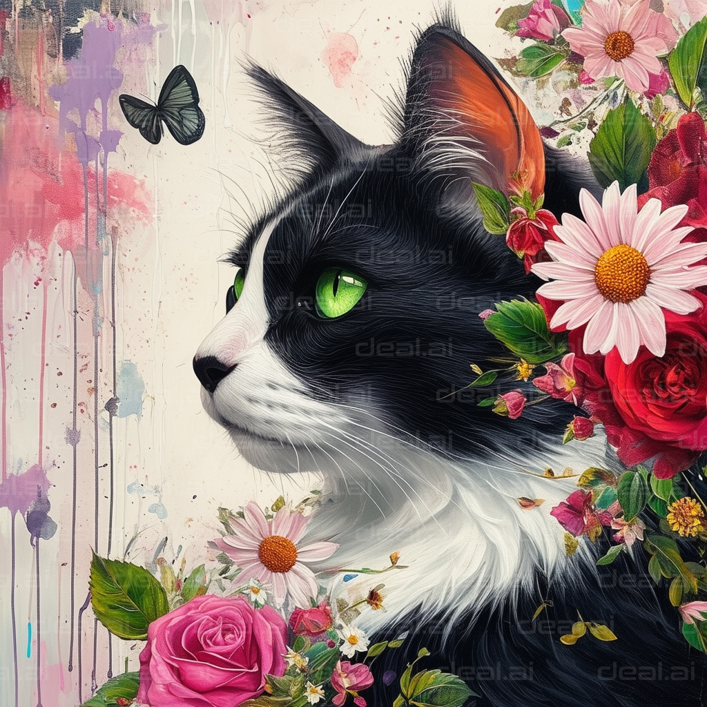 Elegant Cat with Flowers and Butterflies