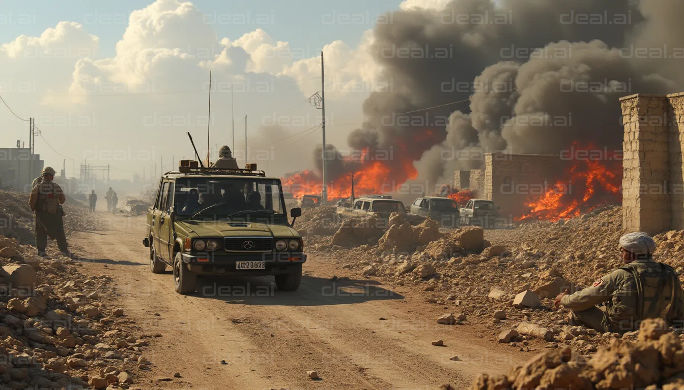 Military Convoy Amidst Flames and Smoke