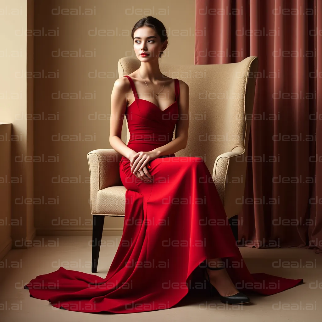 "Elegant Woman in Red Gown by Chair"