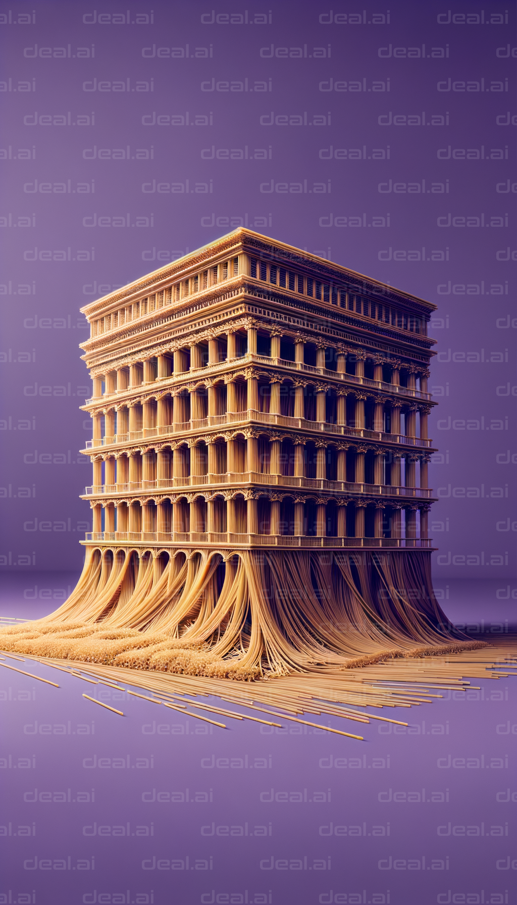 "Spaghetti Building on Purple Background"