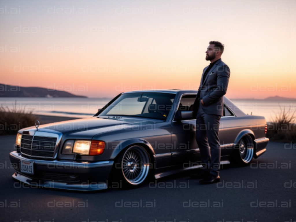 "Sunset Elegance: Man and Classic Car"