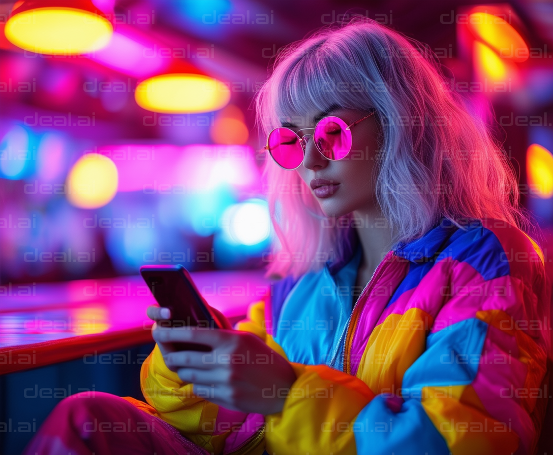 Vibrant Neon Nightlife Texting Scene