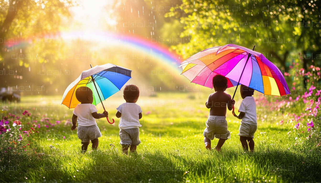 Children with Umbrellas Under a Rainbow