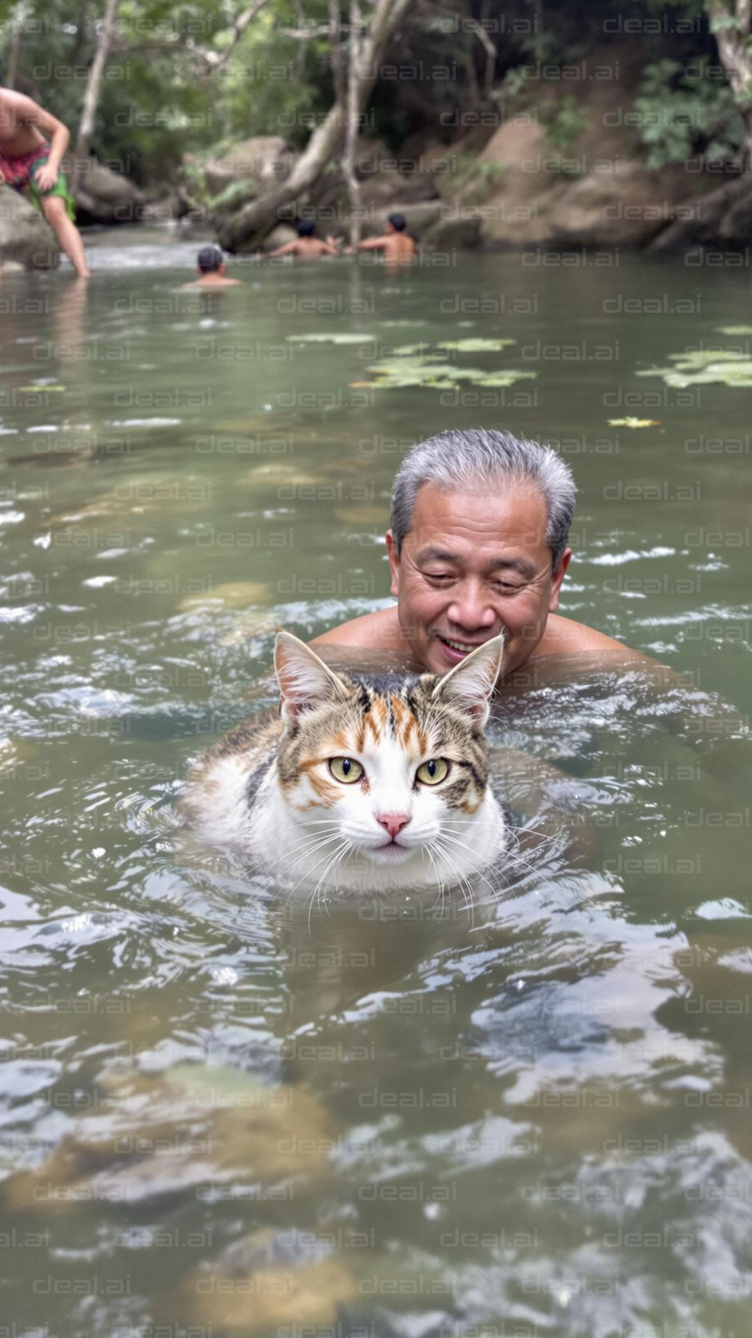 "Cat and Man Enjoy River Swim"