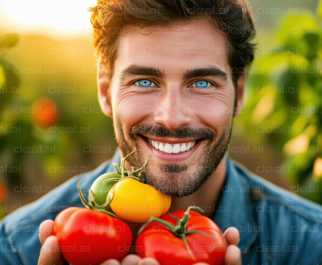 "Joyful Farmer with Fresh Tomatoes"