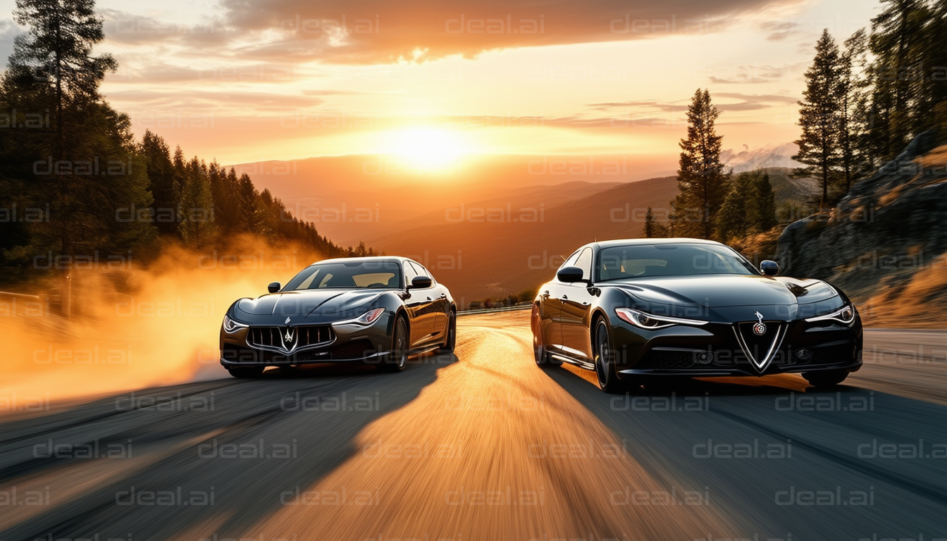 Luxury Cars Racing at Sunset