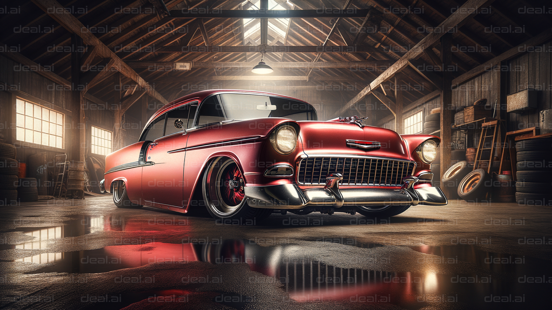 Classic Red Car in Vintage Garage