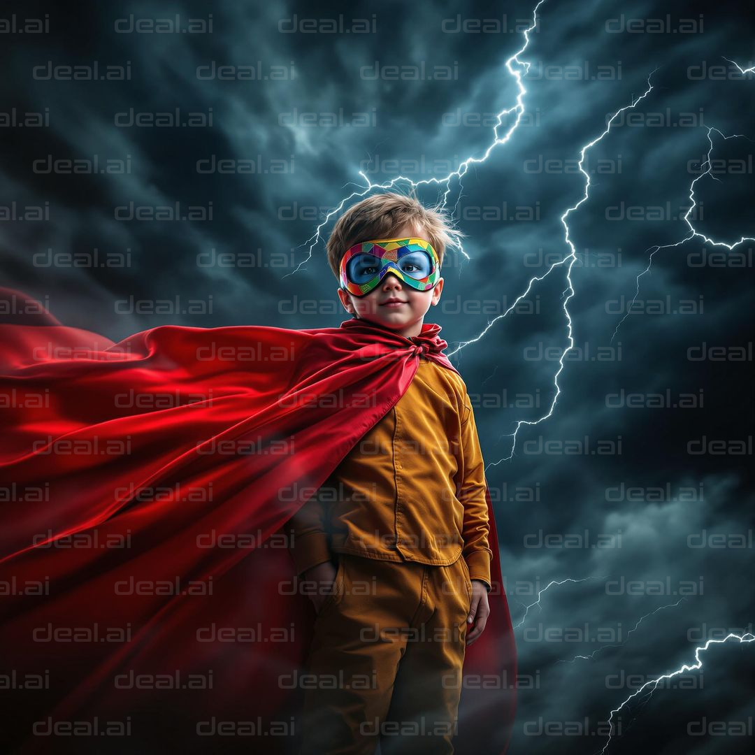 "Child Superhero Confronts the Storm"
