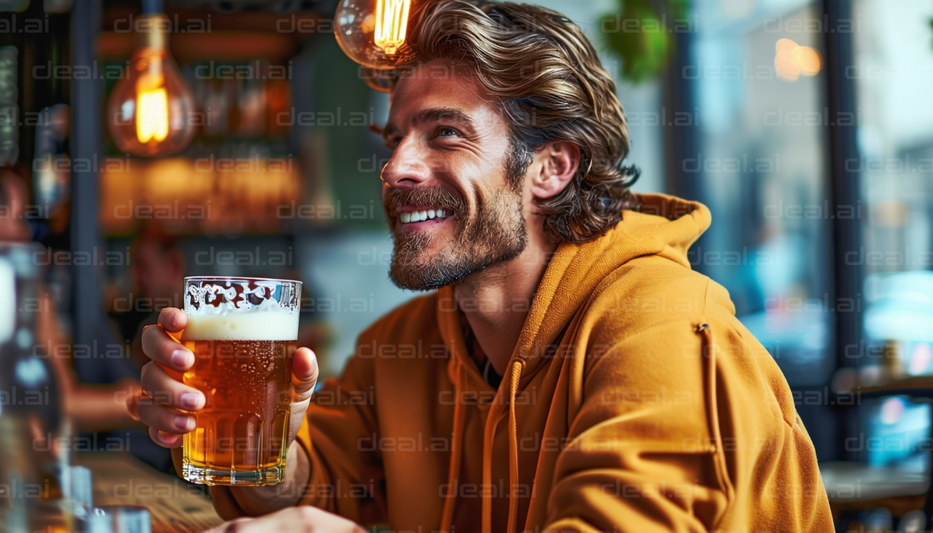 Smiling Man Enjoys a Beer at Bar