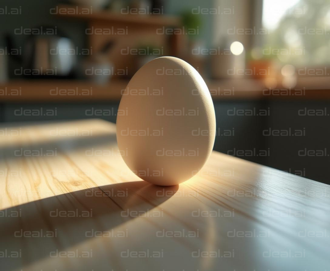 Egg on Wooden Table in Sunlit Kitchen