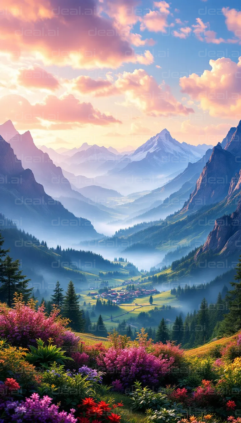 "Mountain Valley in Bloom at Sunrise"