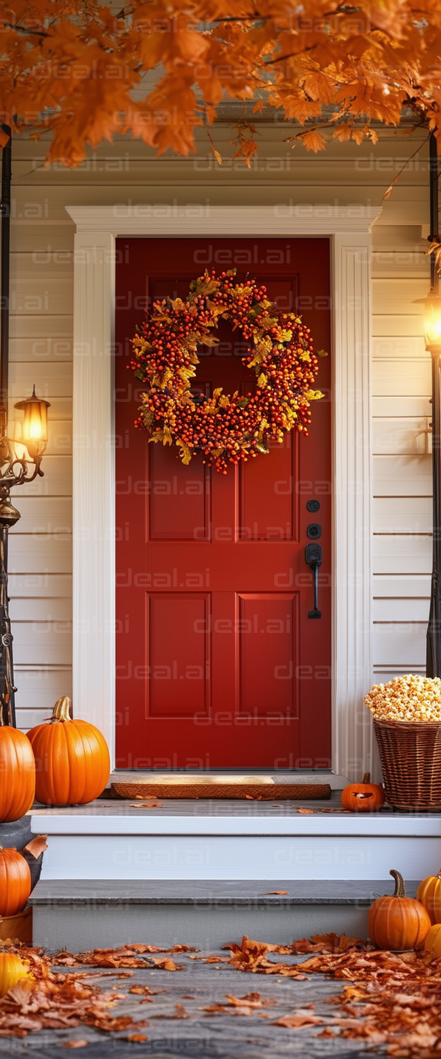 “Autumn Door with Pumpkins and Wreath”