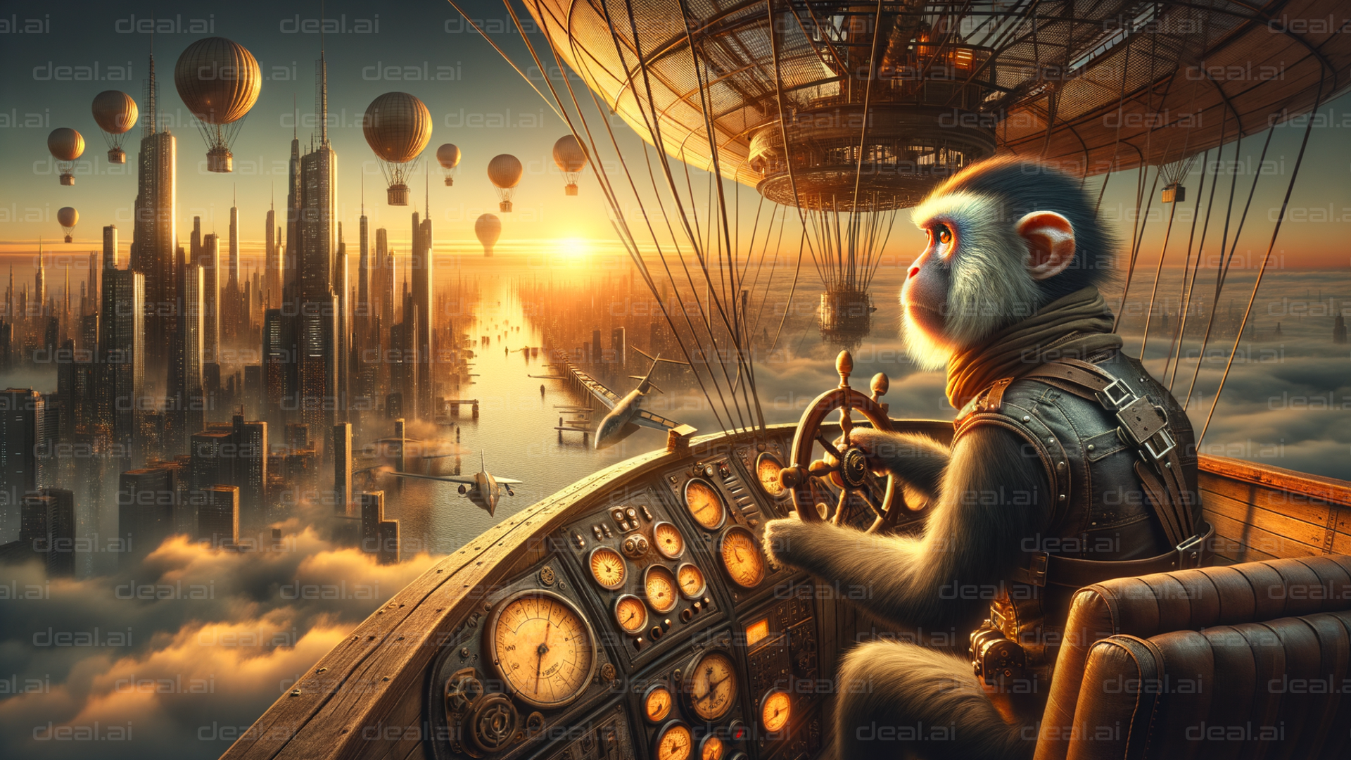 "Ape Pilot in Steampunk Cityscape"