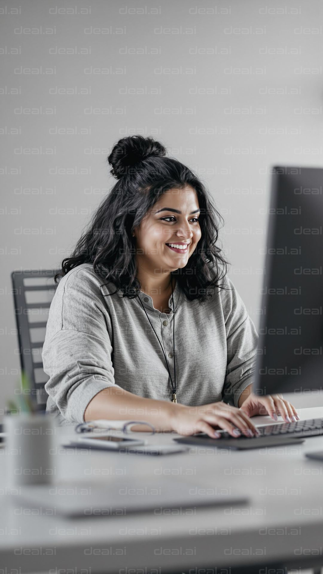 Woman Smiling at Work Desk