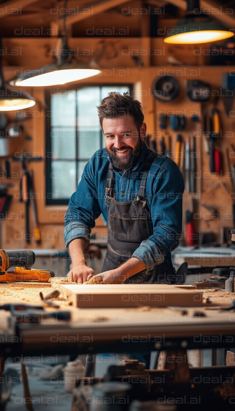 "Happy Carpenter Working in Workshop"