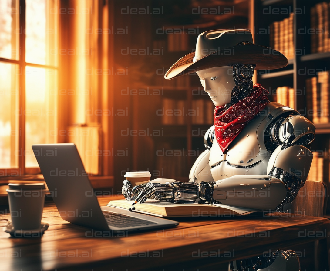 Cowboy Robot Working in Library