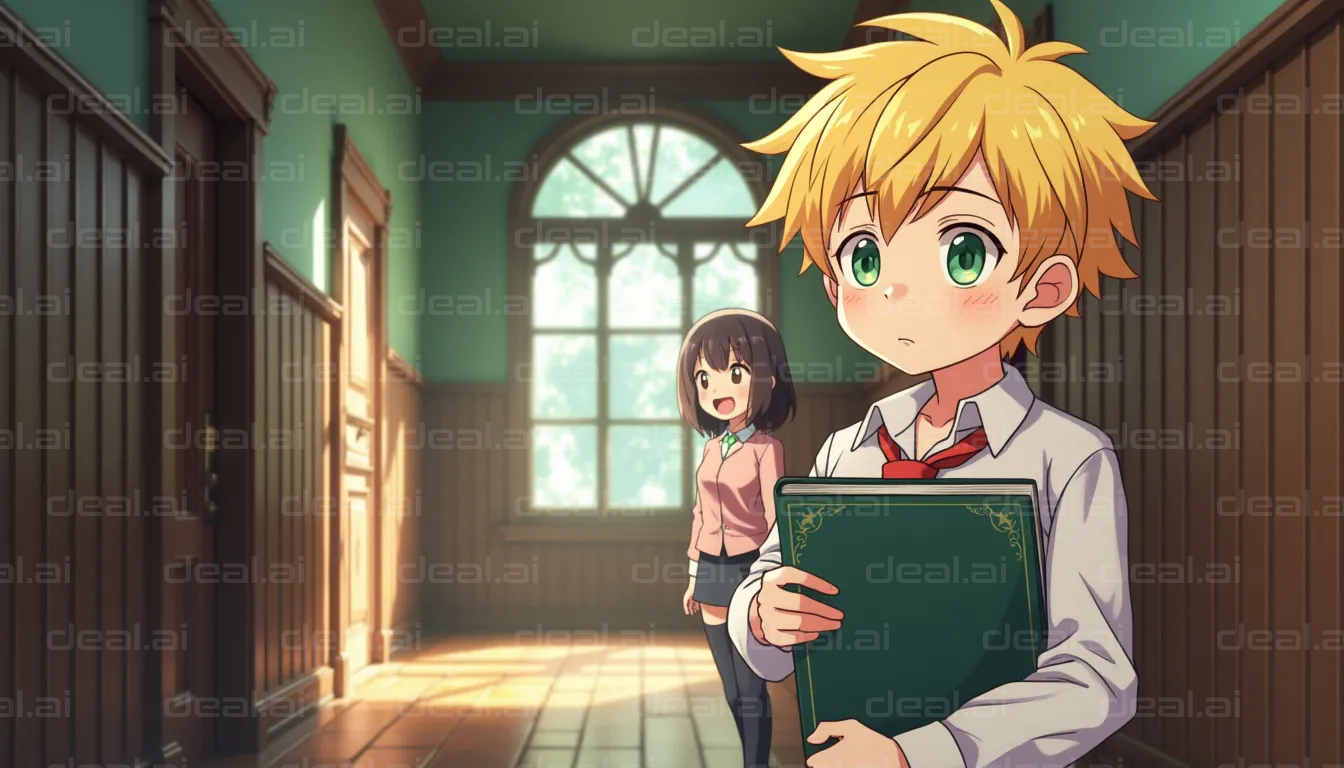 "Blushing Boy with Book in School Hall"