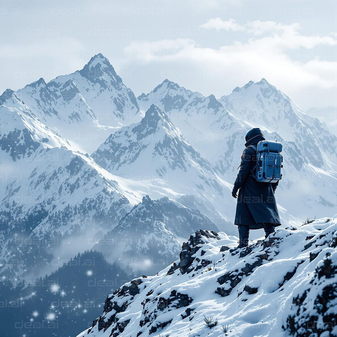 Explorer Overlooks Snowy Peaks