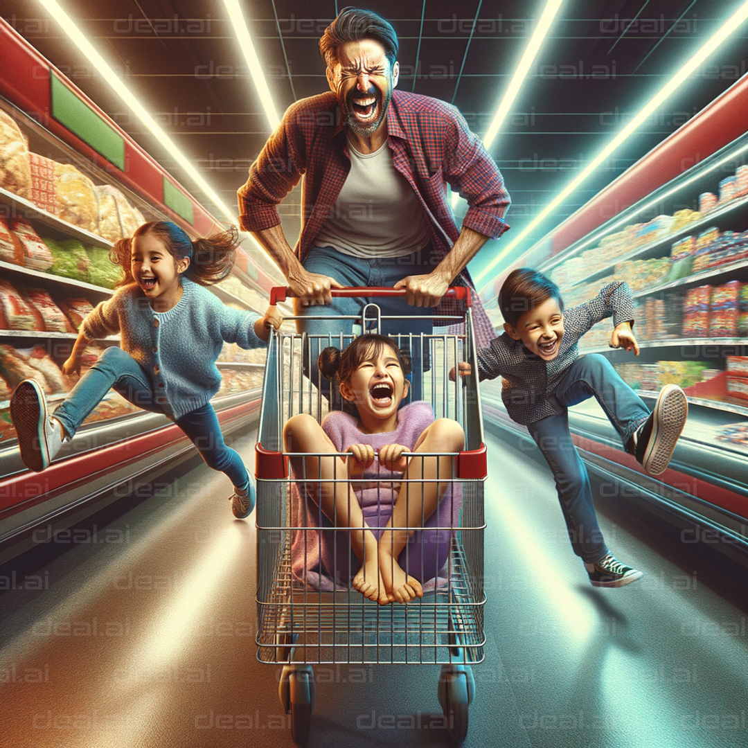 "Supermarket Fun: Family's Joyful Ride"