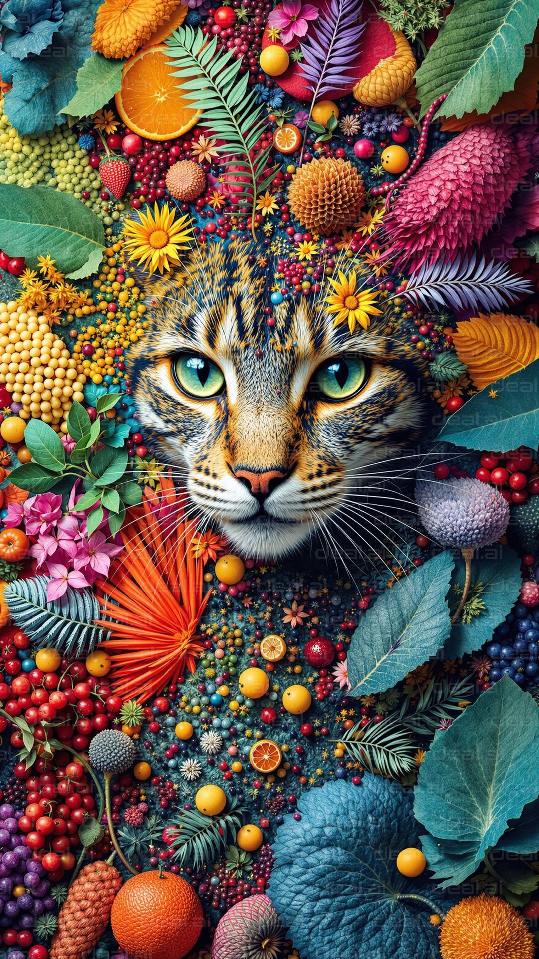 "Vibrant Jungle Cat and Fruits"