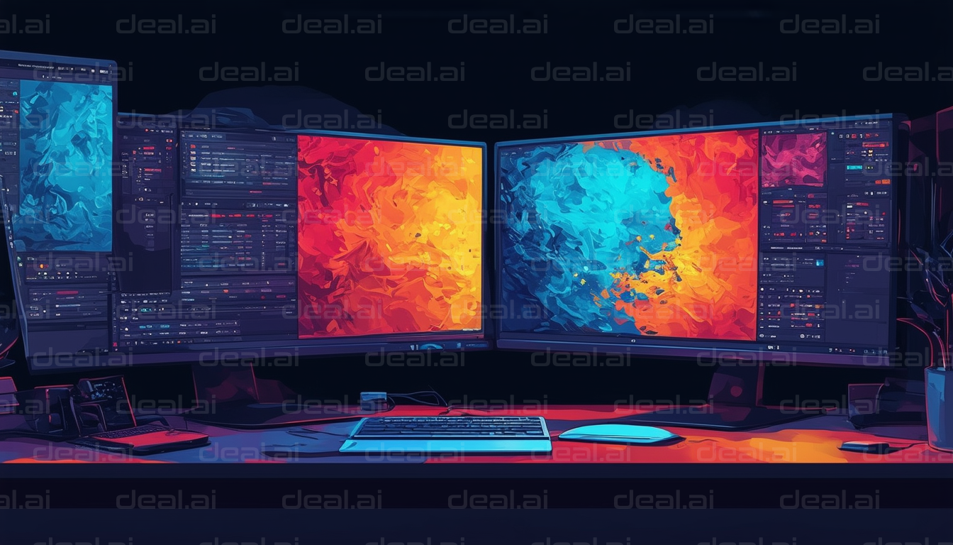 "Colorful Dual-Screen Workspace Setup"
