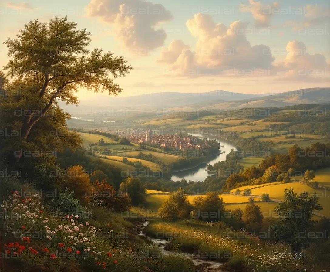 "Idyllic River Valley Town at Sunset"