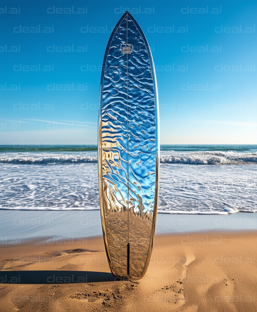 Reflective Surfboard on Sandy Beach