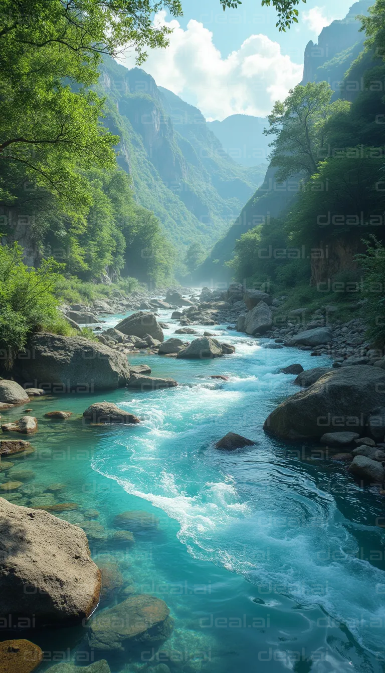 "Tranquil River Through Misty Mountains"