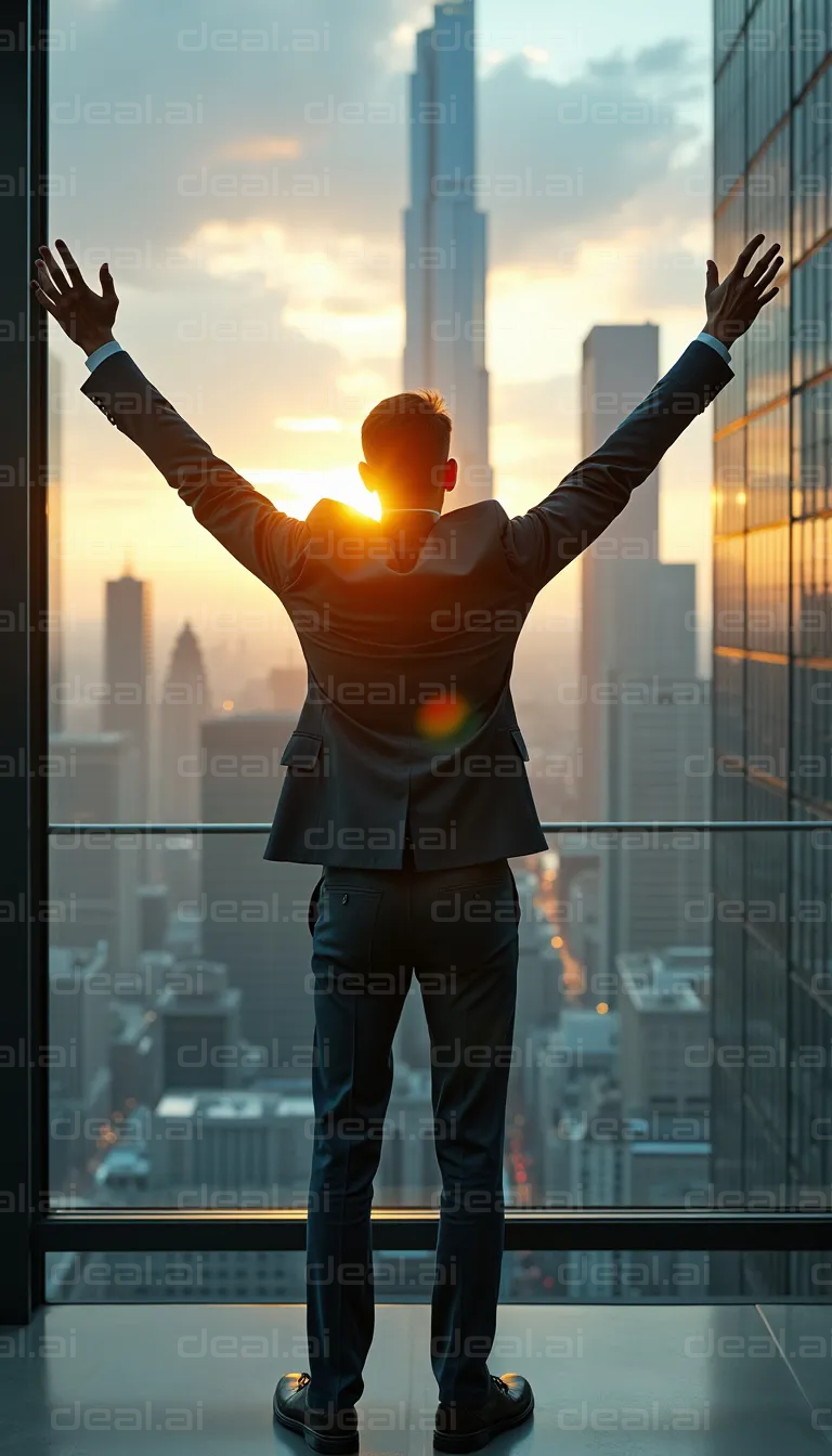 "Triumphant Businessman at Sunset"