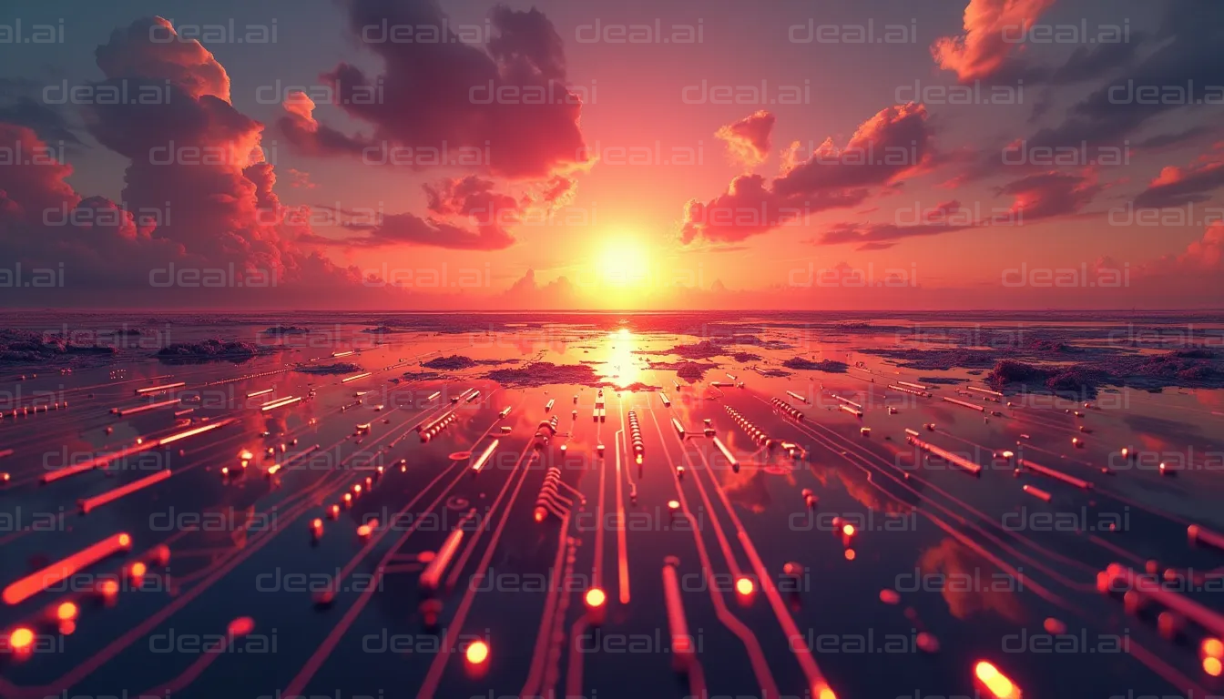 "Futuristic Sunset Over Circuit Sea"