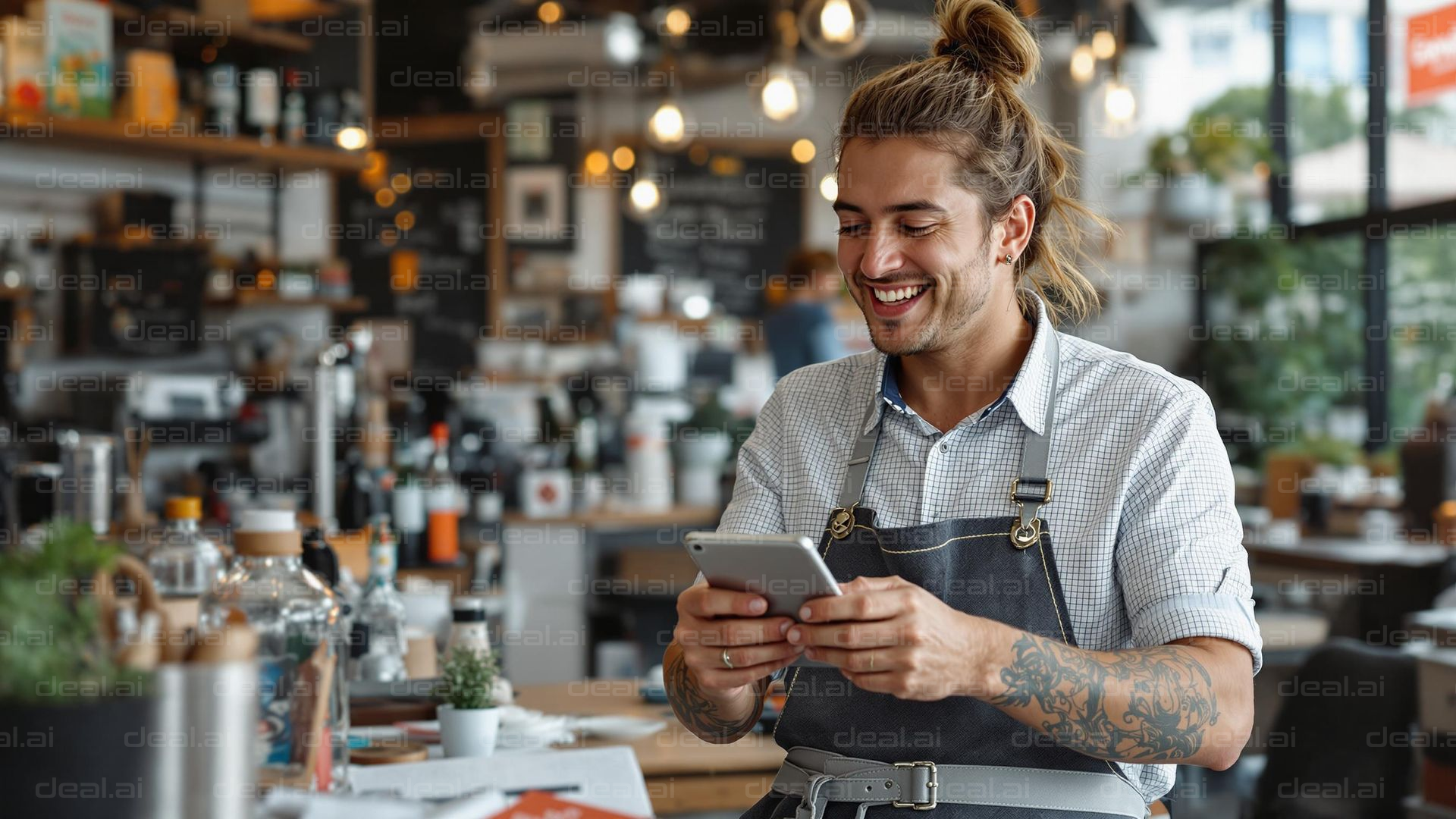 Smiling Barista Checks Phone Messages