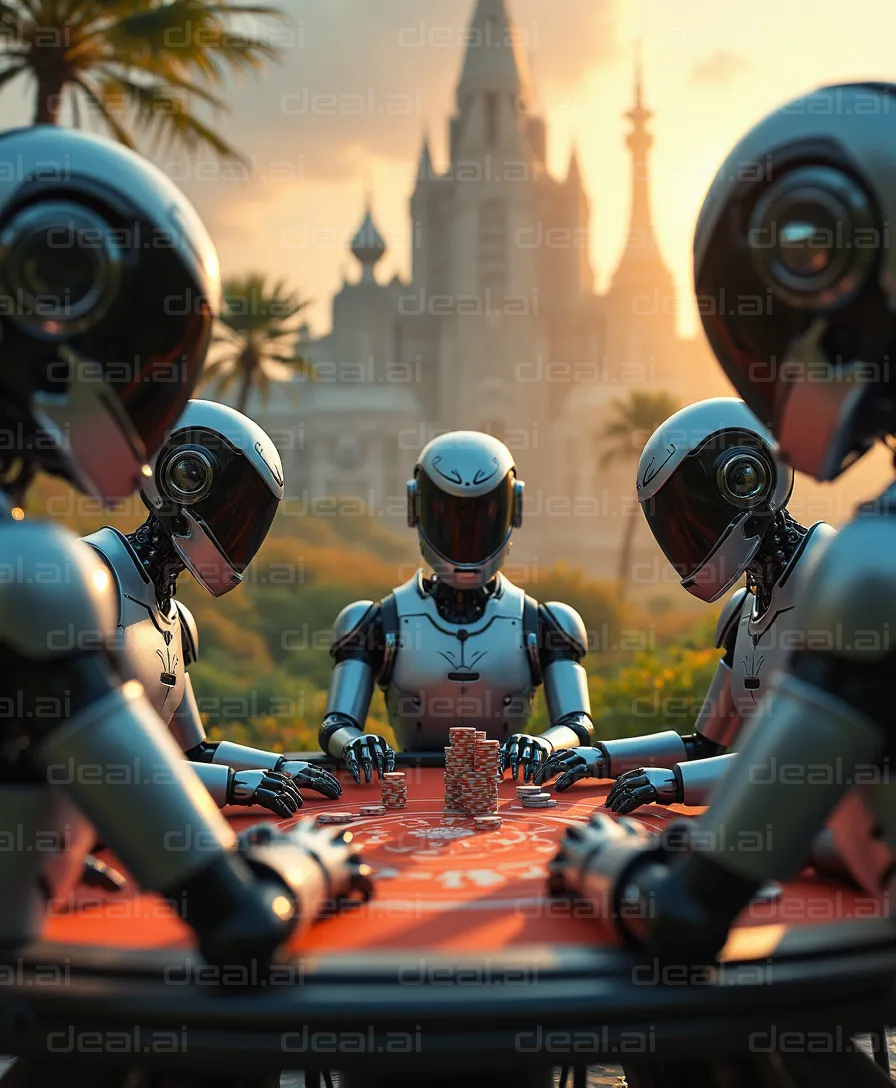 "Robots Playing Poker in Futuristic Setting"