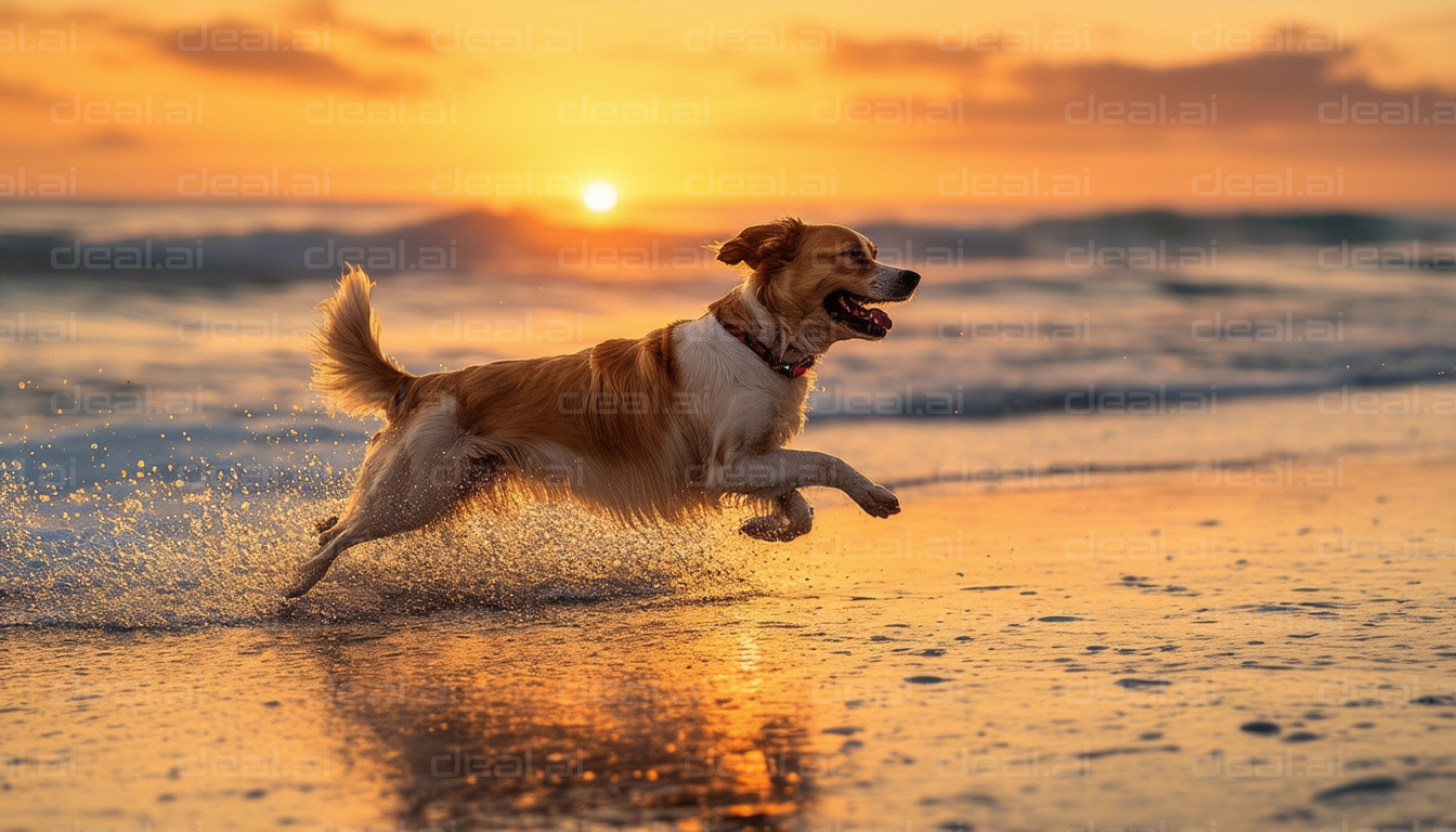 Dog Playing in the Surf at Sunset