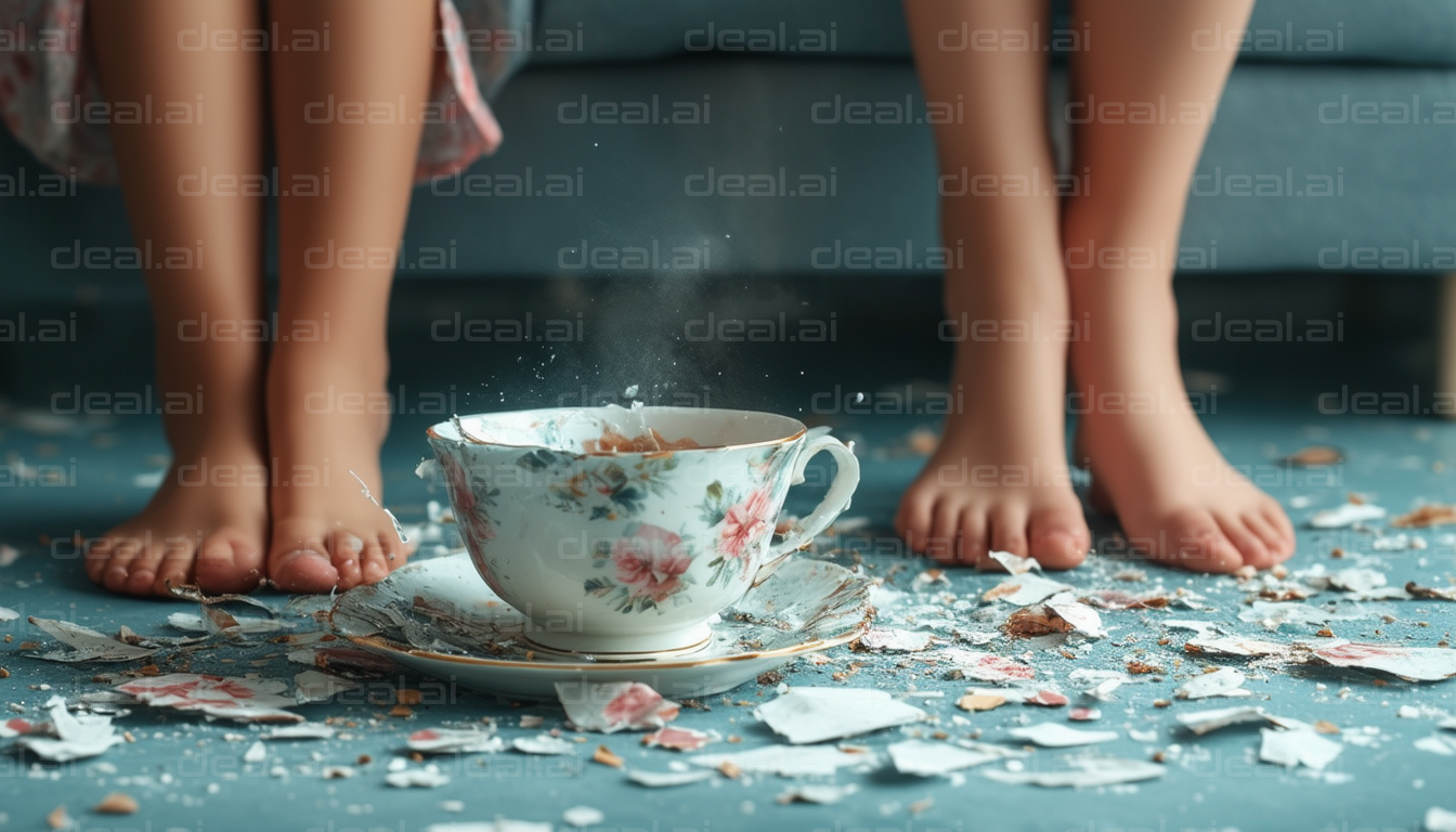 "Shattered Teacup on a Messy Floor"