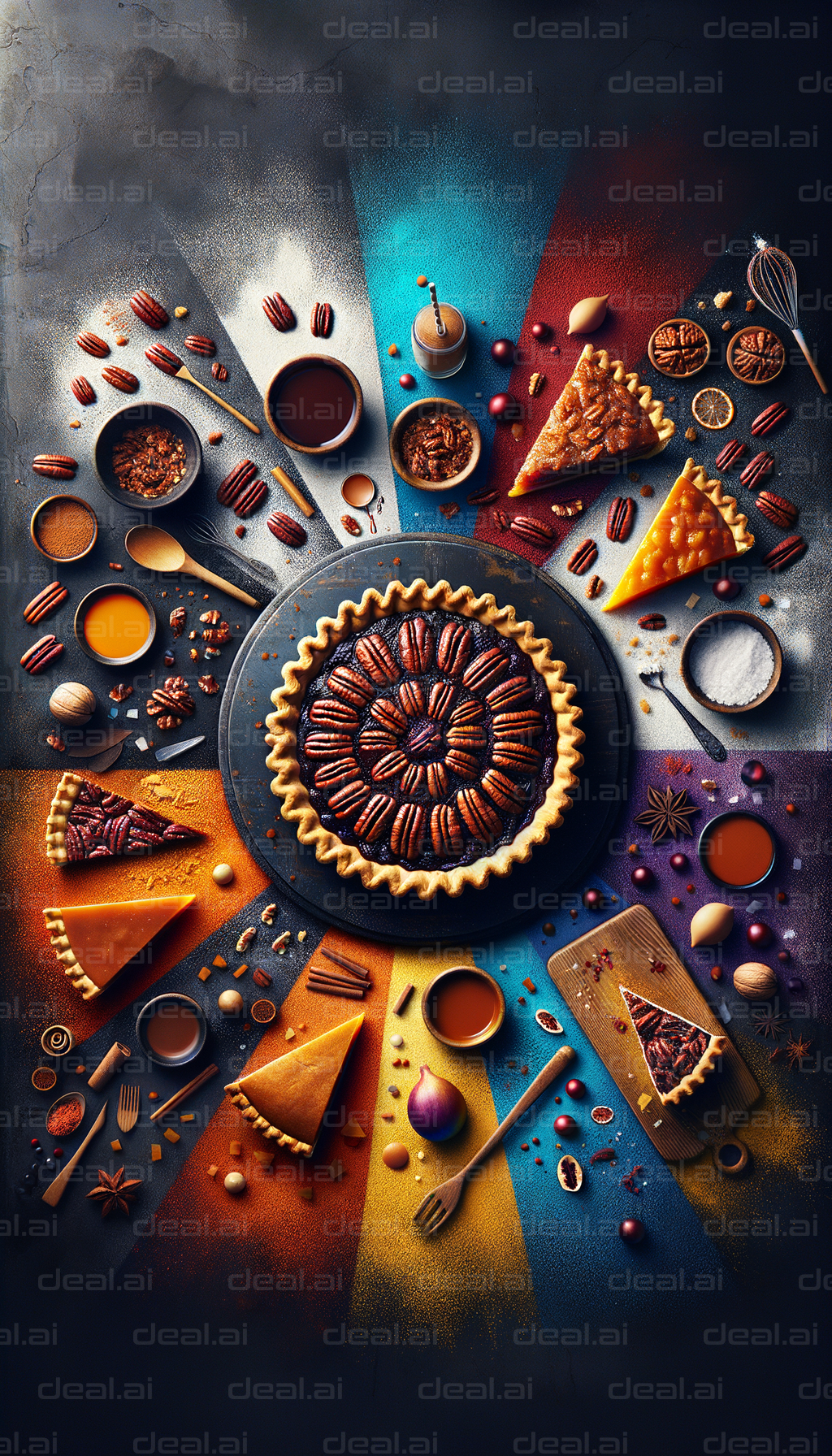 "Colorful Pecan Pie and Ingredients Layout"